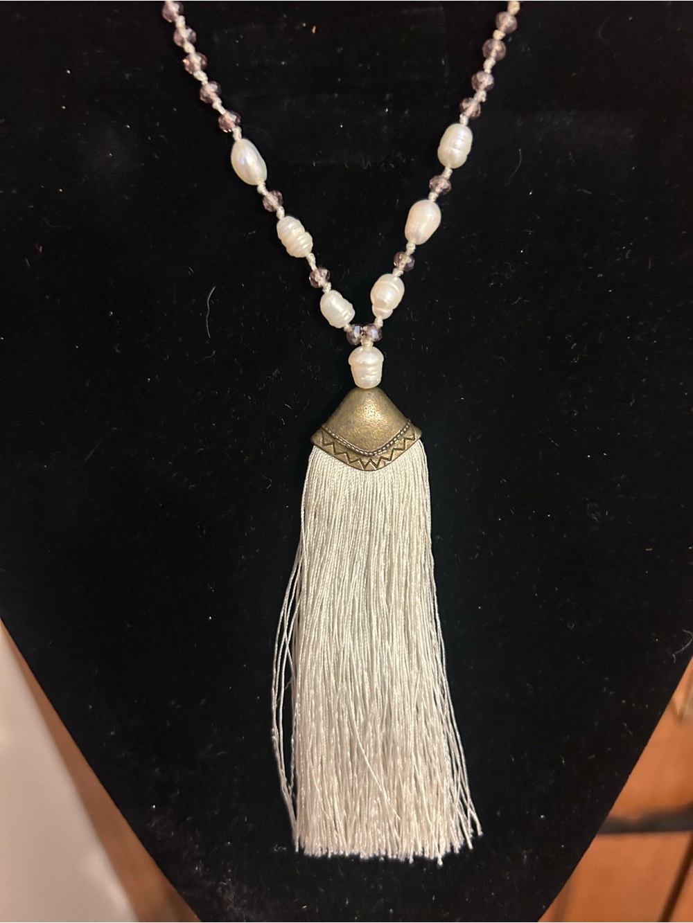 Long Pearl Beaded Tassel Necklace Ivory Purple Boho Statement Jewelry